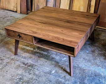 Large Coffee Table with drawer in Walnut - Handmade solid wood mid century modern style and storage cubby