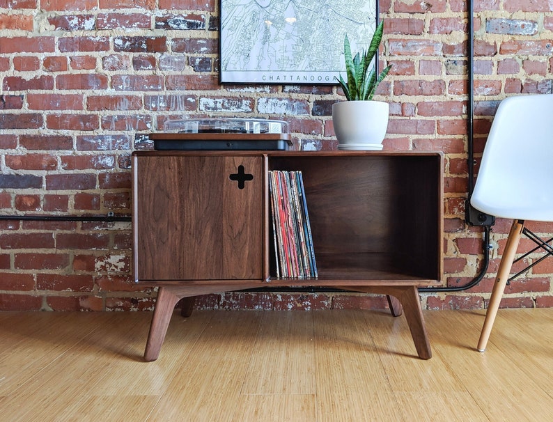 Mid Century Modern Record Player Stand, Walnut Record Storage, Record Player Cabinet, Turntable Console Vinyl Record Storage Furniture image 1