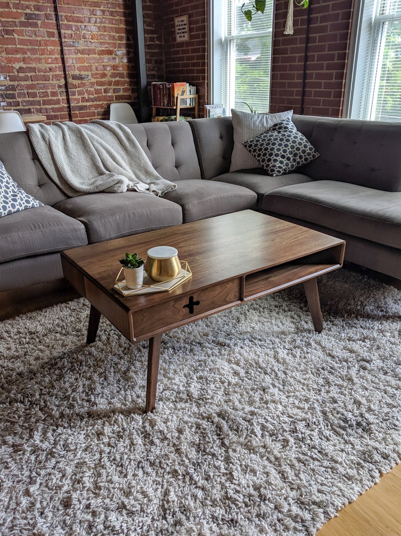 Walnut Coffee Table Plus With Drawer Handmade Solid Wood Mid Etsy