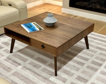 Large Coffee Table Plus 40" square - Handmade solid wood with drawers mid century modern style and storage cubby