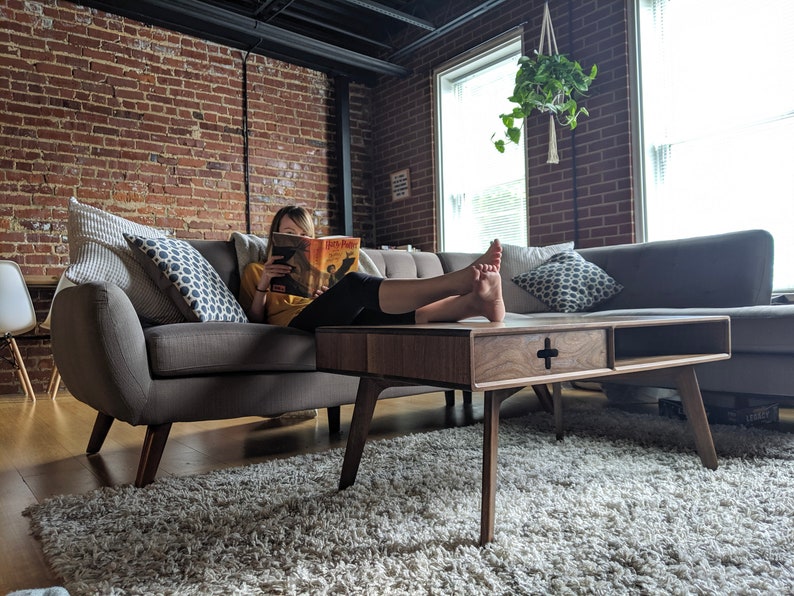 Walnut Coffee Table Plus With Drawer Handmade Solid Wood Mid Etsy