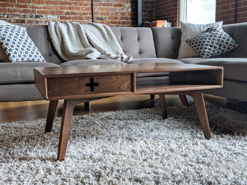 Walnut Coffee Table Plus With Drawer Handmade Solid Wood Mid Etsy