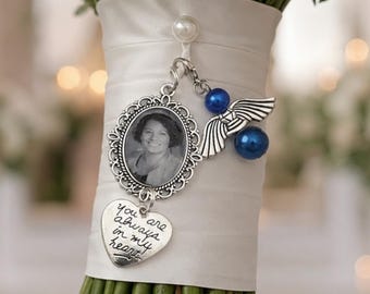 Customised Wedding Bouquet Memory Photo Charm, Antique Finish, Something Blue Bridal Pendant Memorial Remembrance Photo Always With You