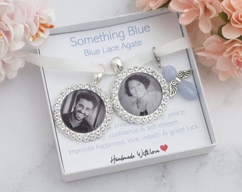 Customised Wedding Bouquet Memory Photo Charm, Something Blue Lace Agate Bridal Pendant Memorial Remembrance