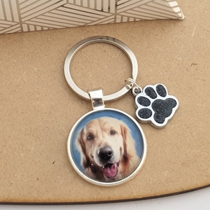 May include: A silver key chain with a round photo charm featuring a golden retriever dog. The charm has a blue background and a silver paw print charm hangs from the ring.