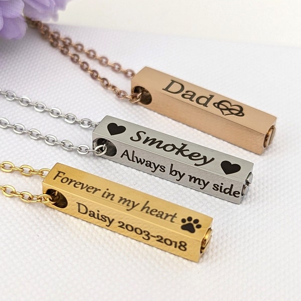 Cremation Jewelry - Urn Necklace for Ashes Human or Pet - Personalised with your text on up to 4 sides of 4D bar, Necklace for ashes