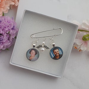 Personalised remembrance photo charm kilt pin bouquet charm,wedding groom best man usher, personalised with photos and white angel