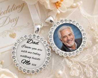 Customised Wedding Bouquet Memory Photo Charm, Diamante Charm, Bridal Pendant Memorial Dad Remembrance Photo Walking Beside Me
