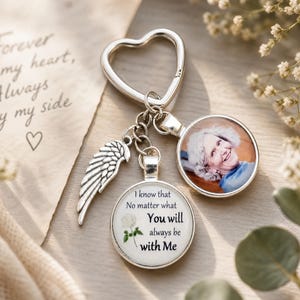 May include: A silver-toned heart-shaped keyring featuring a metal angel wing charm and two circular pendants. One pendant displays a photograph of an elderly person, while the other features the text: I know that No matter what You will always be with Me.
