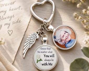 May include: A silver-toned heart-shaped keychain featuring a metal angel wing charm and two circular pendants. One pendant displays a photograph of an elderly person, while the other features the text: I know that No matter what You will always be with Me.