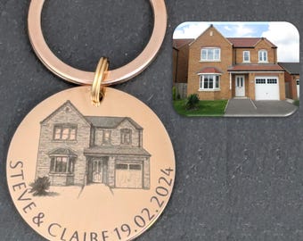Custom Engraved House Portrait Keyring – Stainless Steel New Home Gift