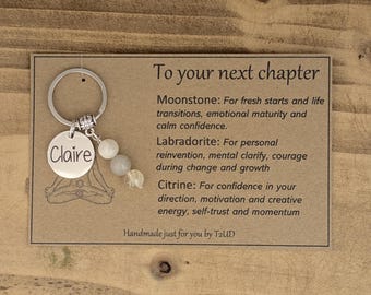 Personalised To your next Chapter keyring. Moving on for the Next chapter to a new job, new school, graduation, new house, Marriage, Birth