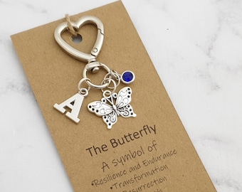 May include: A silver-toned heart-shaped keychain featuring a letter A charm, a butterfly charm, and a small blue crystal bead. The keychain is attached to a rectangular brown card printed with the text The Butterfly A symbol of Resilience and Endurance, Transformation, Resurrection, Rebirth, Change, Hope, Life, and Handmade With love.