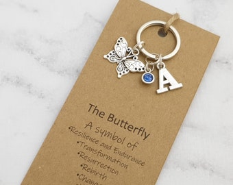 Butterfly keychain, Butterfly keyring, personalized keyring, initial keychain, crystal birthstone, Butterfly gift, custom keychain