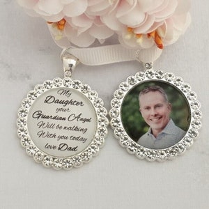 Customised Wedding Bouquet Memory Photo Charm, Diamante Charm, Bridal Pendant Memorial Dad Remembrance Photo Guardian Angel