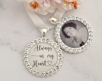 Customised Wedding Bouquet Memory Photo Charm, Diamante Charm, Bridal Pendant Memorial Remembrance Photo Always In My Heart