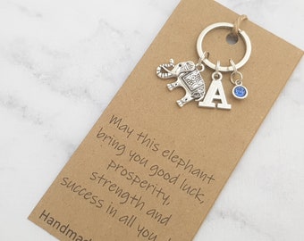 Personalised elephant keyring, custom keychain, initial charm, birthstone charm, animal keyring, Lucy elephant, gift for daughter, for mum