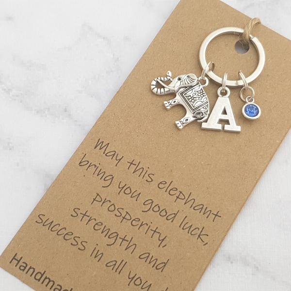 Personalised elephant keyring, custom keychain, initial charm, birthstone charm, animal keyring, Lucy elephant, gift for daughter, for mum