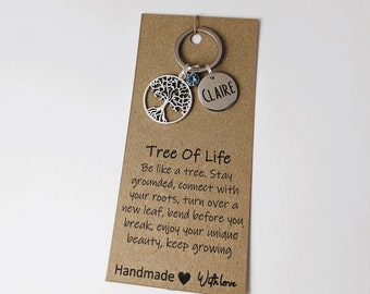 Personalised Tree Of Life keyring, custom keychain, initial charm, birthstone charm,  good luck gift