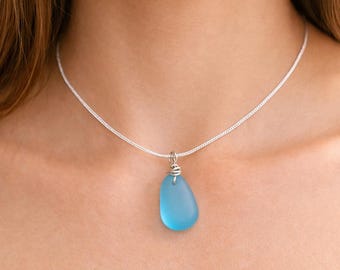 Sea Glass Necklace, Blue Sea Glass Pendant on Sterling Silver Plated Chain presented with Gift Box
