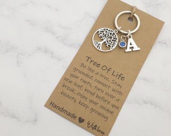 Personalised Tree Of Life keyring, custom keychain, initial charm, birthstone charm,  good luck gift