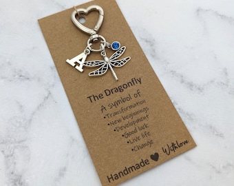 Personalised Dragonfly bag charm, clip on charm, purse charm, bag charm, birthstone charm, Animal Keychain, initial charm