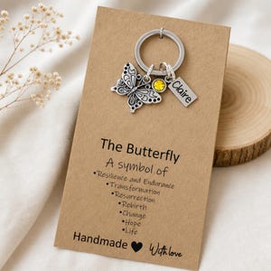Puede incluir: Un llavero de metal plateado con un dije de mariposa, una pequeña gema circular amarilla y una etiqueta rectangular grabada con el nombre Claire. El llavero está sujeto a una tarjeta color canela impresa con el texto The Butterfly A symbol of Resilience and Endurance, Transformation, Resurrection, Rebirth, Change, Hope, Life, Handmade with love.