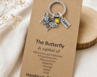 May include: A silver-toned metal keychain featuring a butterfly charm, a small yellow circular gem, and a rectangular tag engraved with the name Claire. The keychain is attached to a tan card printed with the text The Butterfly A symbol of Resilience and Endurance, Transformation, Resurrection, Rebirth, Change, Hope, Life, Handmade with love.