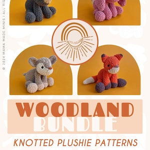 Lot de motifs au crochet, peluches nouées WOODLAND - 4 motifs (ours, lapin, faon + renard)