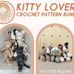 May include: A digital download bundle of crochet patterns for making knotted cat toys. The bundle includes two patterns: "Knotted Lovey" and "Knotted Plushie". The image shows examples of the finished toys.