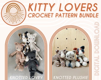 May include: A digital download bundle of crochet patterns for making knotted cat toys. The bundle includes two patterns: "Knotted Lovey" and "Knotted Plushie". The image shows examples of the finished toys.