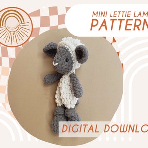 May include: A crochet pattern for a small, gray and white lamb. The pattern is called "Mini Lettie Lamb" and is available as a digital download.