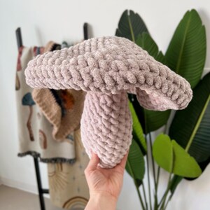 Pode incluir: Um brinquedo de cogumelo de croch&ecirc; rosa macio e felpudo. O cogumelo tem uma tampa grande e redonda e um caule redondo menor.