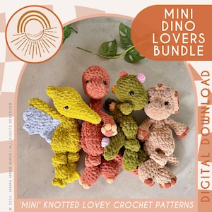 May include: Four crocheted dinosaur loveys in yellow, rust, olive green, and beige. The yellow one has light blue wings. Text reads: MINI DINO LOVERS BUNDLE, DIGITAL DOWNLOAD, MINI KNOTTED LOVEY CROCHET PATTERNS, and MAMA MADE MINIS.