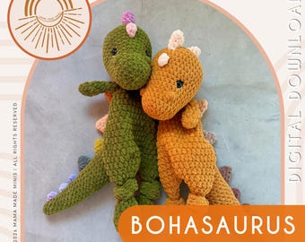 May include: Two crocheted dinosaur loveys, one olive green and one mustard yellow, featuring knotted limbs and small spikes along their backs. The image includes the text BOHASAURUS, BIG KNOTTED LOVEY CROCHET PATTERN, and DIGITAL DOWNLOAD, with a logo of a sun.