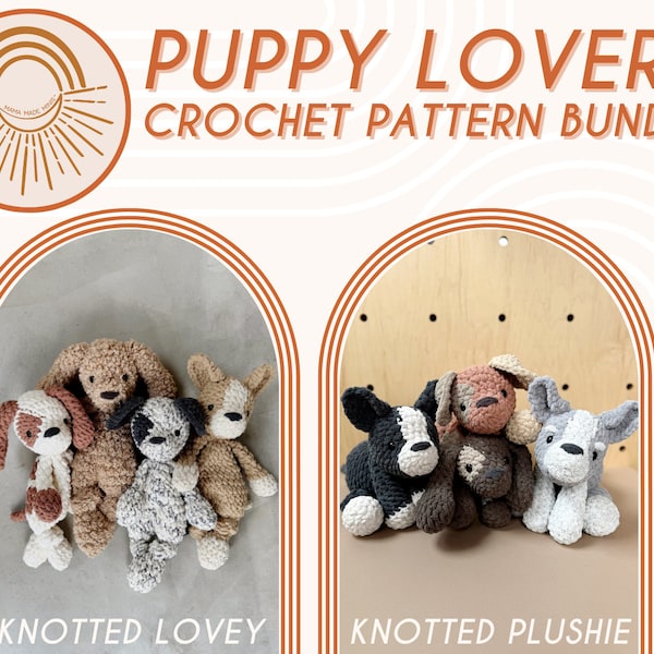 Puppy Lovers Pattern BUNDLE — TWO Crochet Dog PATTERNS — Little Peak Puppy Knotted Plushie + Little Paloma Puppy Knotted Lovey