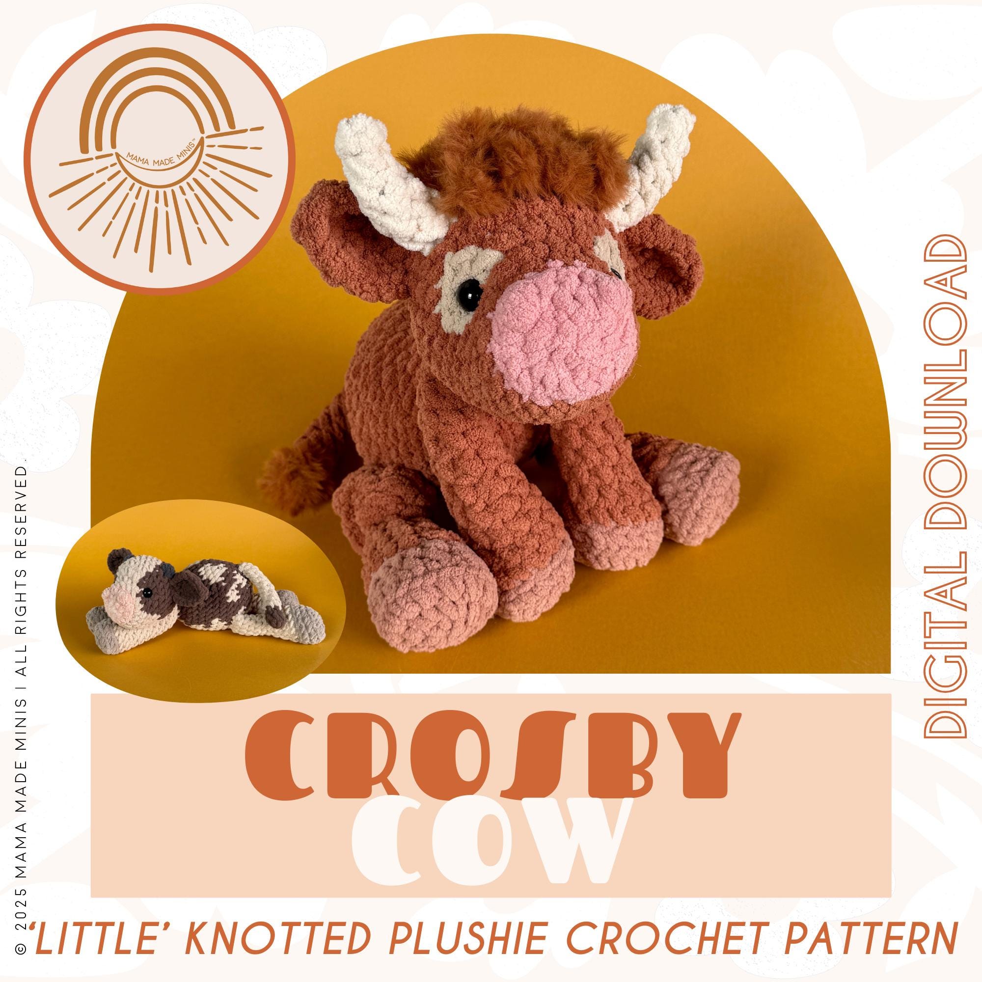 23 Adorable Cow Plush Crochet Patterns for Farmhouse Decor, Gifts, and Cozy Displays 19 Little Crosby Cow Knotted Stuffed Plushie