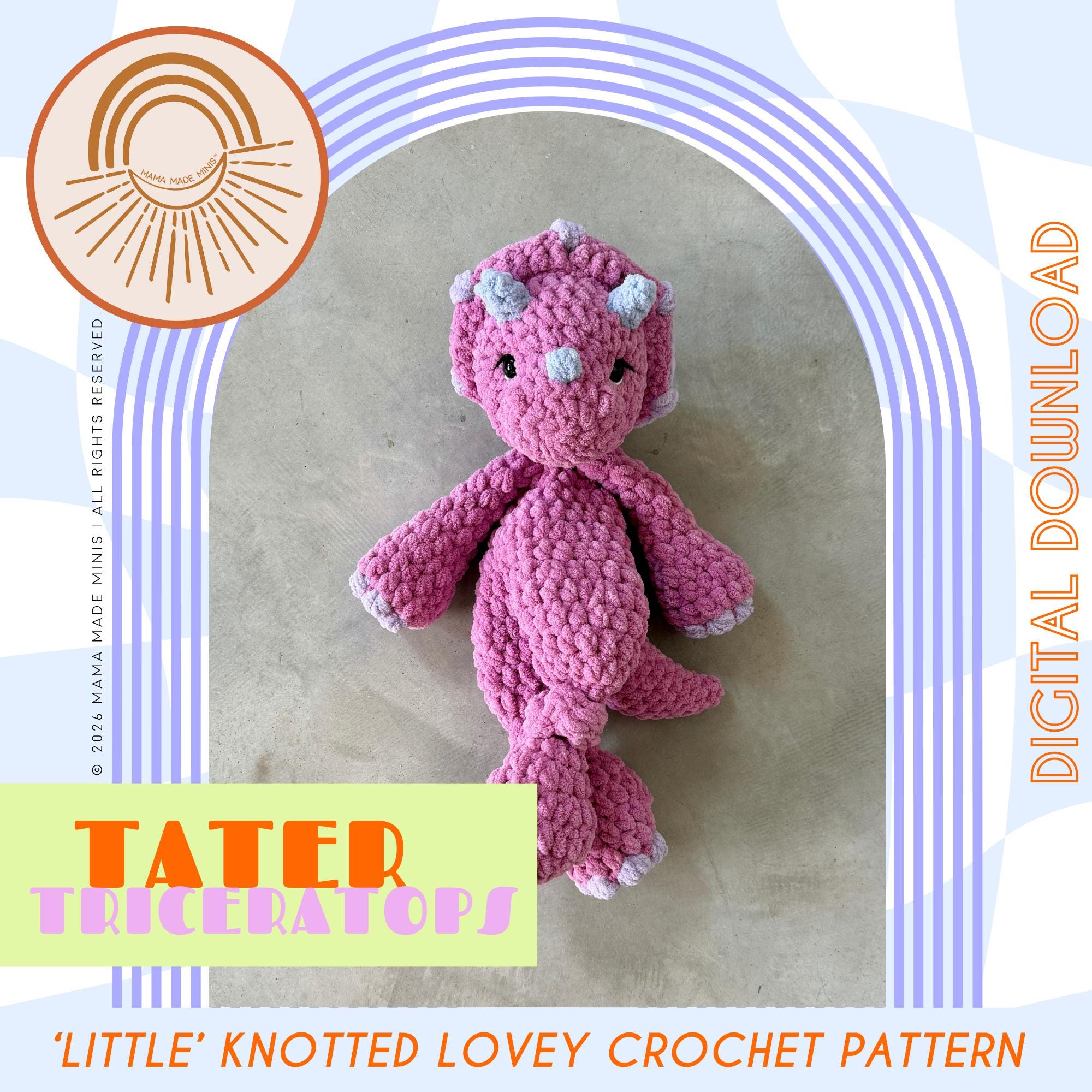 39 Triceratops Crochet Patterns for Dino Lovers, Nursery Decor, and Handmade Gifts 29 Little Tater Triceratops Knotted Lovey