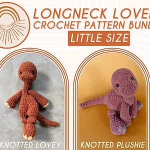 PAQUETE DE PATRONES PARA AMANTES DE LOS DINONOS DE CULO LARGO — DOS PATRONES DE DINONOS DE GANCHILLO DE TAMAÑO 'PEQUEÑO' — PELUCHE ANUDADO PEQUEÑO + PEQUEÑO MUÑECO DE AMORCITO ANUDADO PEQUEÑO