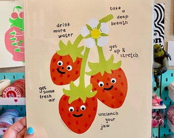 Self Care Strawberries Print, Wall Art, Art Prints, Cute Illustration Art