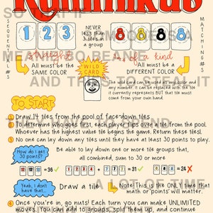 May include: Illustrated game instructions for Rummikub, a tile-based game. The instructions explain how to play the game, including how to score points and how to use the wild card. The image also shows examples of different tile combinations.