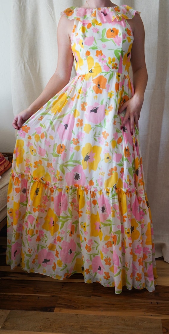 1970s Bright Floral Maxi Dress