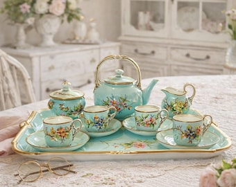 Worcester Grainger & Co Worcester Vintage Tea Set – Victorian Hand‑Painted Porcelain Tea Server Set, Floral Chintz Tea Service