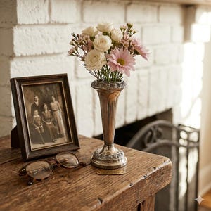 May include: A silver-toned metal bud vase with an ornate base and rim, holding a bouquet of white roses and pink daisies. Next to it sits a dark wood picture frame containing a black and white family portrait and a pair of tortoise-shell glasses.