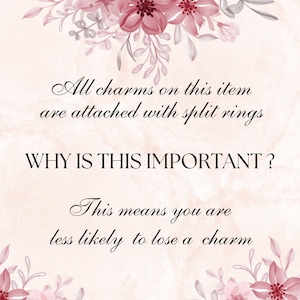 May include: A pale pink background with floral illustrations at the top and bottom. The text reads: All charms on this item are attached with split rings. WHY IS THIS IMPORTANT? This means you are less likely to lose a charm.