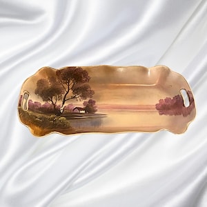 Vintage Noritake Tree in the Meadow Handled Serving Dish, Hand Painted Japan Porcelain Tray, Scenic Lake House, Collectible Plate