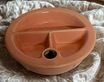 Vintage Baby Food Warming Dish – Handcrafted Ceramic 3‑Section Nursery Bowl with Warm Water Fill Hole, Mid‑Century Feeding Dish