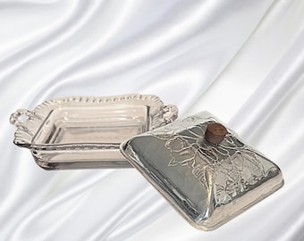 Vintage Farberware Wrought Aluminum Lidded Square Glass Candy Dish – Retro Nut Bowl  with Embossed Floral Lid, Shabby Chic, Country cottage