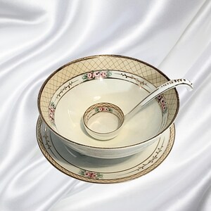 Vintage Nippon Whipped Cream Bowl Set | Hand Painted 3-Footed Bowl w/ Ladle & Underplate | Antique Morimura Porcelain Serving Dish