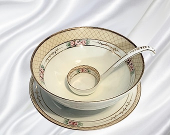Vintage Nippon Whipped Cream Bowl Set | Hand Painted 3-Footed Bowl w/ Ladle & Underplate | Antique Morimura Porcelain Serving Dish